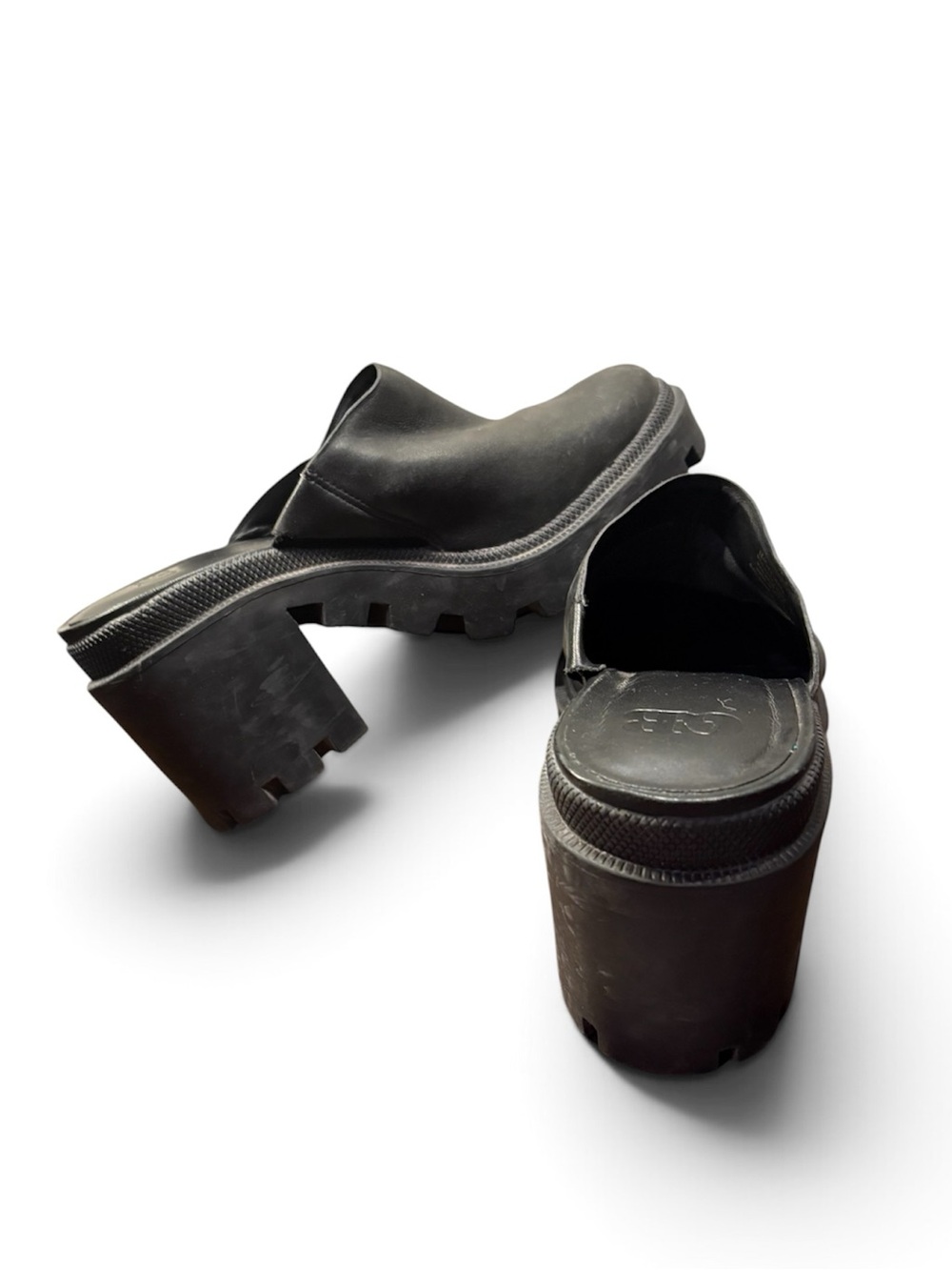 Chunky Black Leather Slip-On Mules